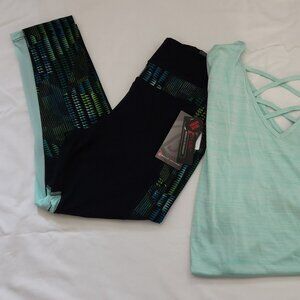 Bally yoga capri & tee NWT sz L & XL black & green graphic print